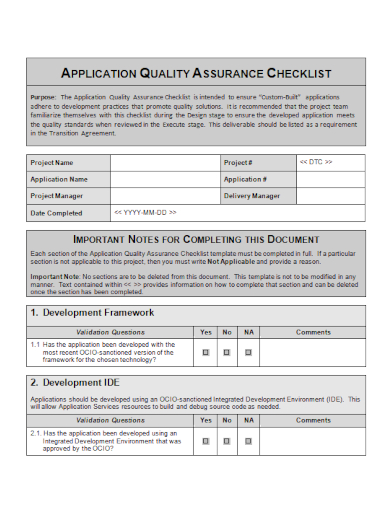 sample application quality assurance checklist template