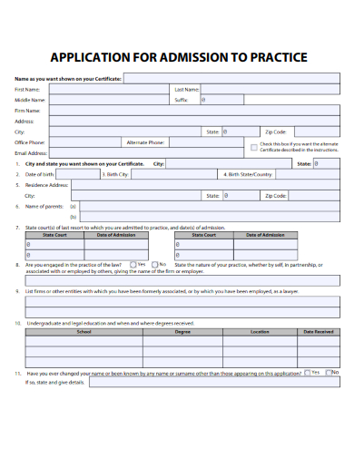 sample application for admission to practice form template
