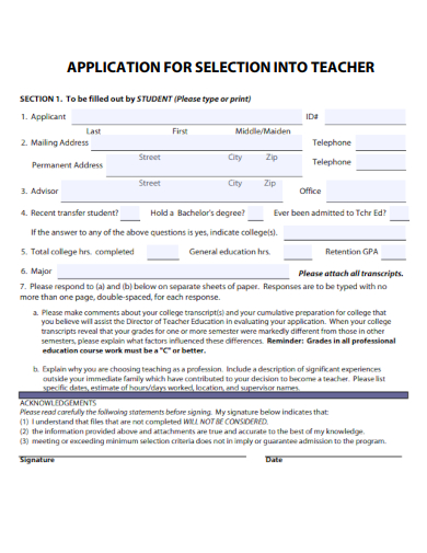 sample application for selection into teacher template