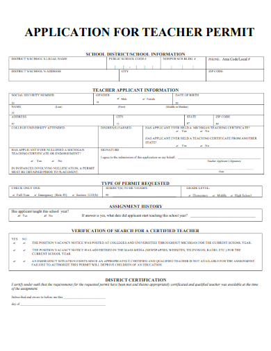 sample application for teacher permit template