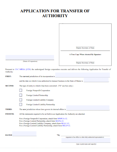 sample application for transfer of authority form template