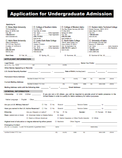 sample application for undergraduate admission form template