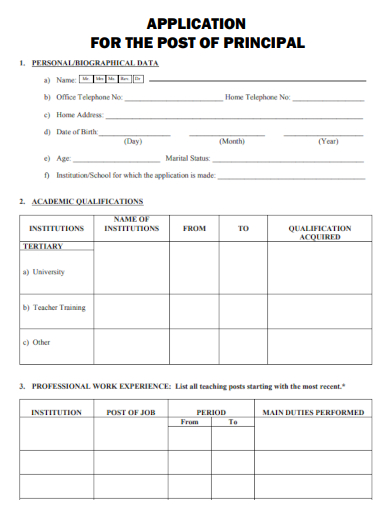 sample application for the post of principal template