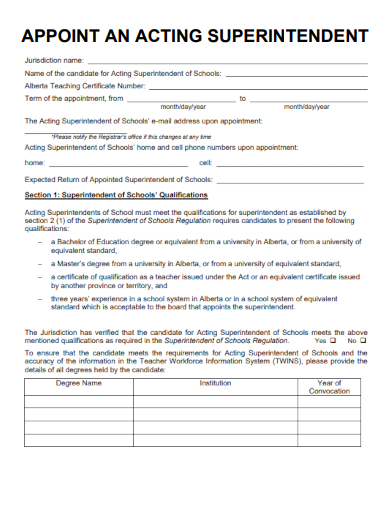 sample appoint an acting superintendent form template