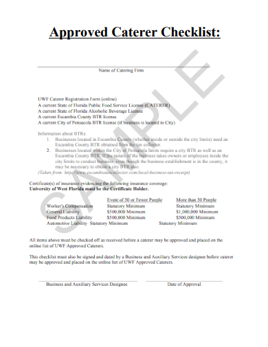 sample approved caterer checklist template