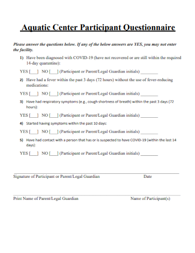 sample aquatic center participant questionnaire template