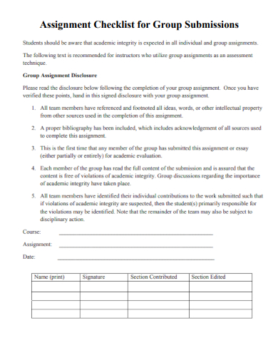 sample assignment checklist for group submissions template