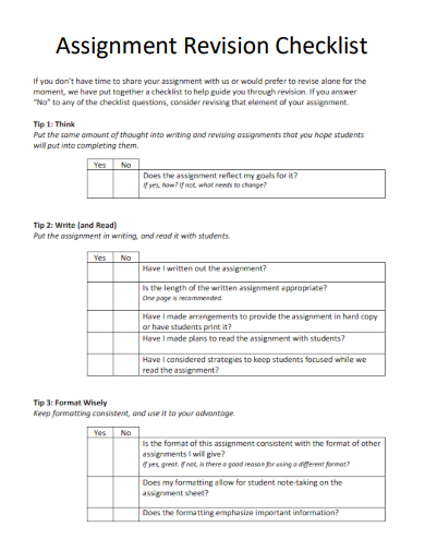 sample assignment revision checklist template