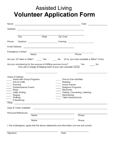 sample assisted living volunteer application form template