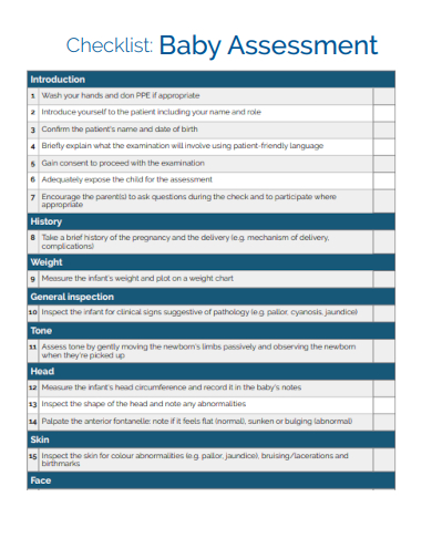 sample baby assessment checklist template