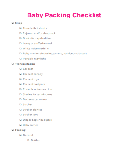 sample baby packing checklist template