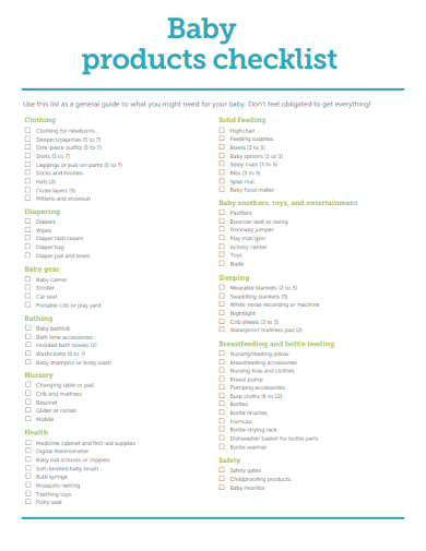 sample baby products checklist template