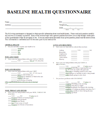 sample baseline health questionnaire template