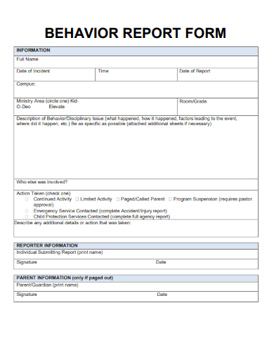 sample behavior report form template