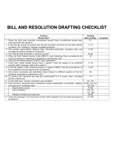 sample bill and resolution drafting checklist template