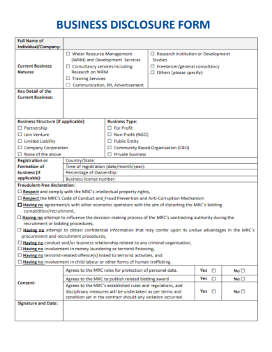 sample business disclosure form template