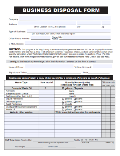 sample business disposal form template