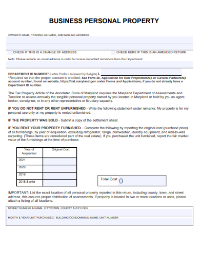 sample business personal property form template