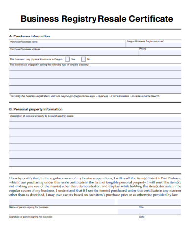 sample business registry resale certificate template