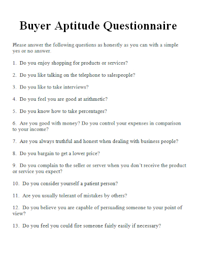 sample buyer aptitude questionnaire template