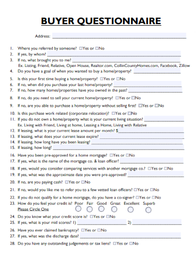 sample buyer questionnaire blank template
