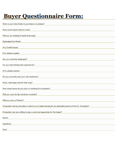 sample buyer questionnaire form template