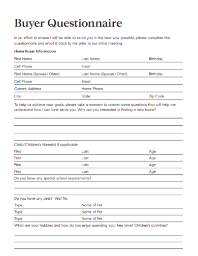 sample buyer questionnaire formal template