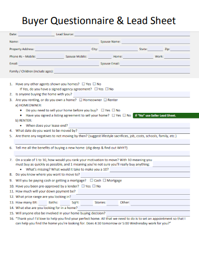 sample buyer questionnaire lead sheet template