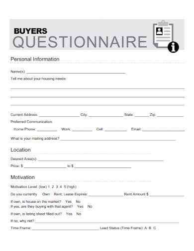 sample buyer questionnaire personal template