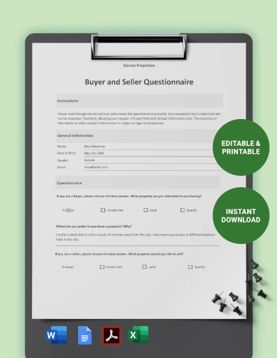 sample buyer seller questionnaire template