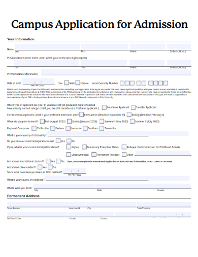 sample campus application for admission form template
