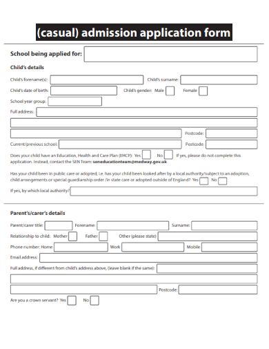 sample casual admission application form template