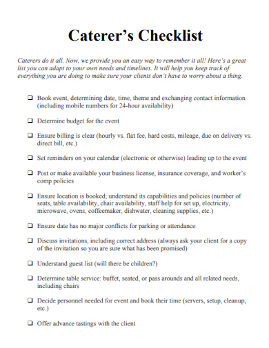 sample caterers checklist professional template