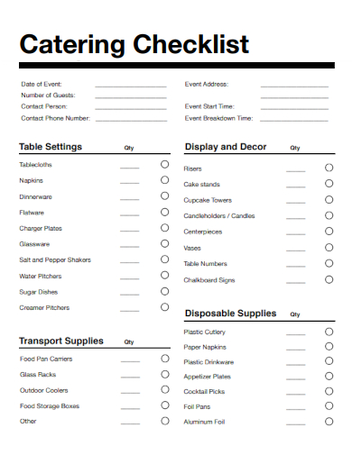 sample catering checklist blank template