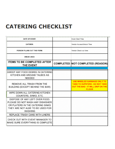 sample catering checklist formal template