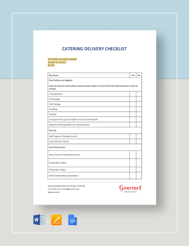 sample catering delivery checklist template