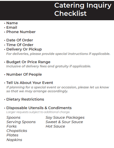 sample catering inquiry checklist template