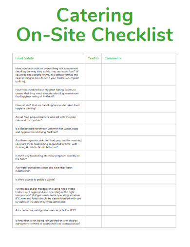sample catering on site checklist template