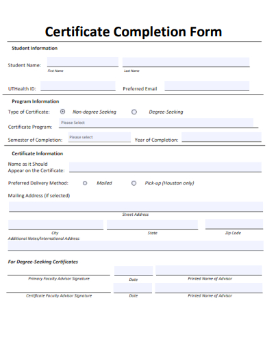 sample certificate completion form template
