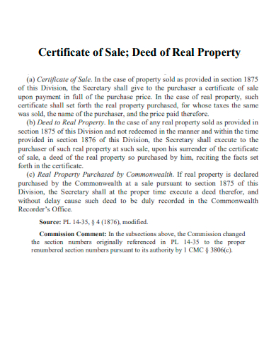 sample certificate sale deed of real property template