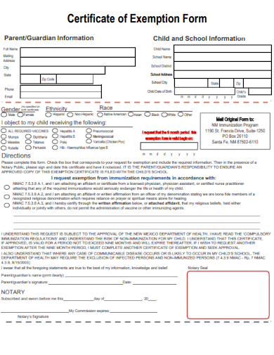 sample certificate of exemption form template