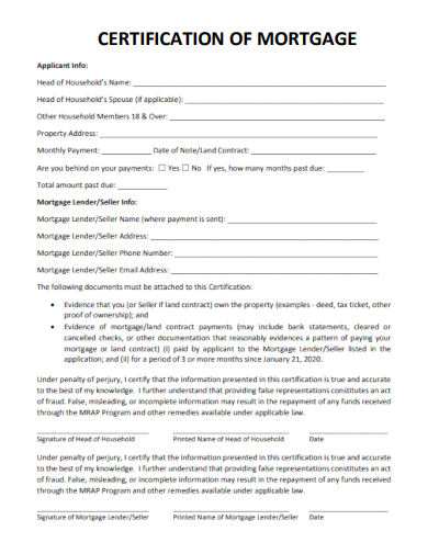 sample certification of mortgage form template