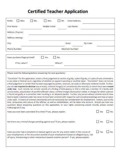 sample certified teacher application template