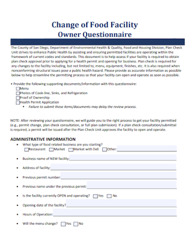 sample change of food facility owner questionnaire template