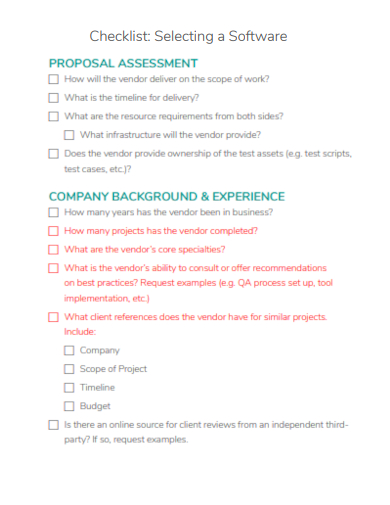 sample checklist selecting a software template