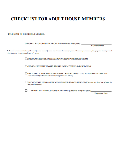 sample checklist for adult house members template
