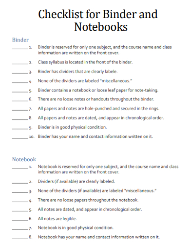 sample checklist for binder and notebooks template