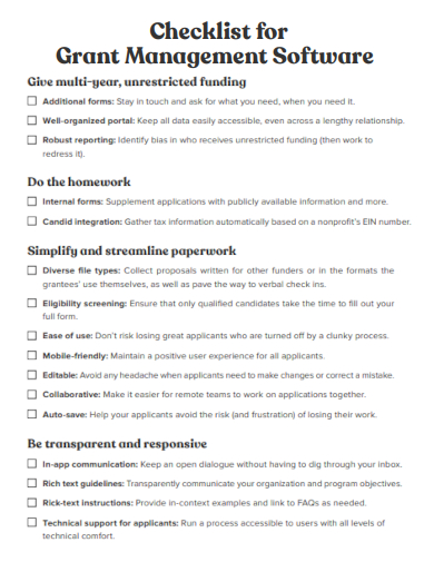 sample checklist for grant management software template