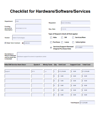 sample checklist for hardware software services template