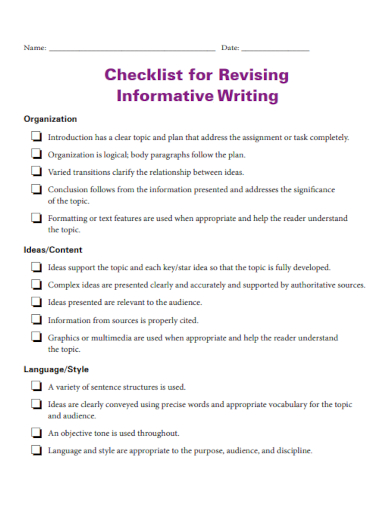 sample checklist for revising informative writing template